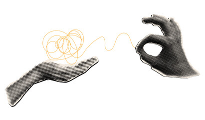 Halftone collage untangle knot of problems and mental disorder vector illustration, two hands opened chaotic thread, smart solution concept