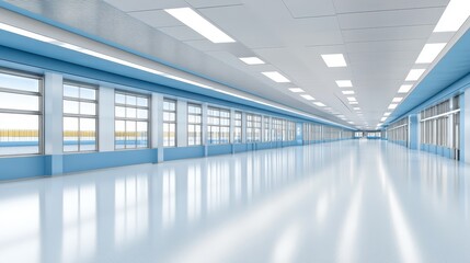 Serene sky blue hallway bathed in natural light from large tranquil