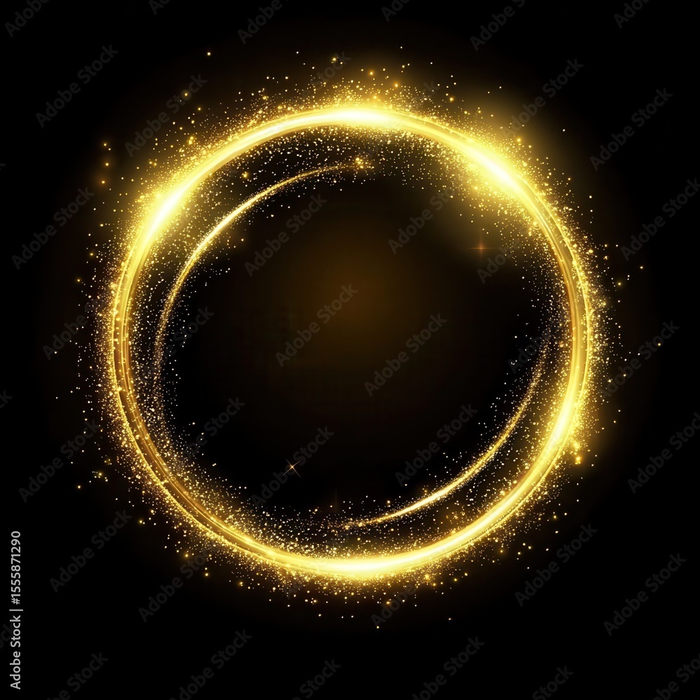 Poster golden glowing circle frame with glitter sparkle on black background. realistic vector illustration 