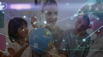 Teacher guiding globe for geography with students leaning, network overlay fading and pulsing - Powered by Adobe