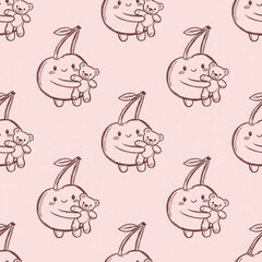 Charming Hand-Drawn Monochromatic Cherry Characters Hugging Teddy Bears Seamless Pattern on a Soft Pink Background