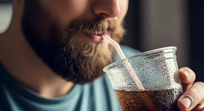 Close-up of a bearded man sipping from a cold soda cup with a straw, condensation on the cup glistening under soft lighting. - Powered by Adobe
