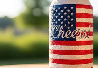 The Word Cheers Written on a Cold Glass a 4th of July US Independence Day Celebration with Copy Space