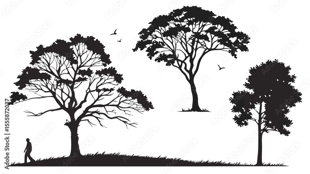 Poster silhouette illustration of three trees with birds and a person walking in a black background created