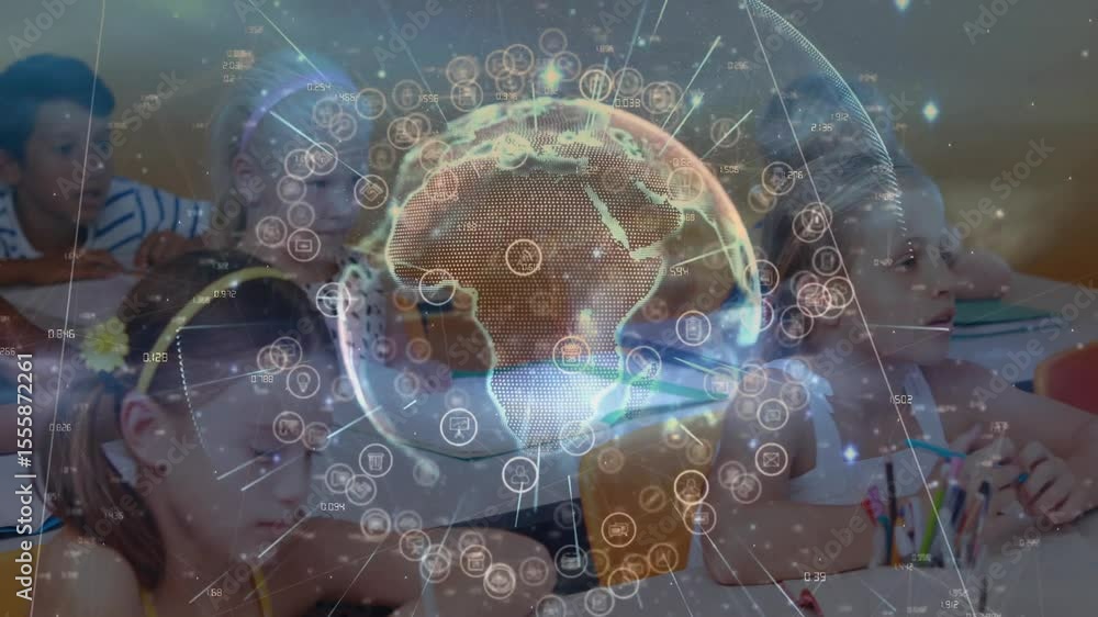 Poster globe appearing over desks and activating educational network overlay while students writing notes