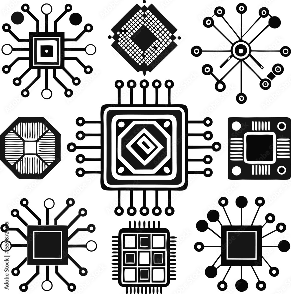 Fototapete collection of stylized black and white computer processor and chip icons