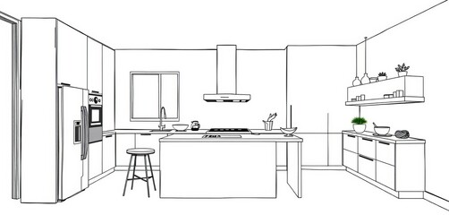 Fototapeta premium Stylish black and white kitchen sketch, minimalist home interior design , apartment, monochrome