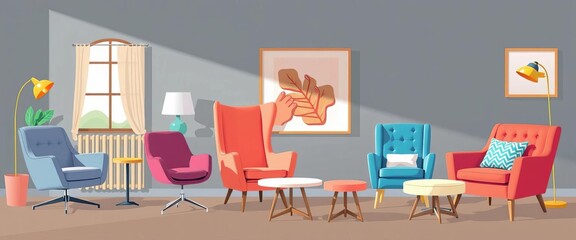 Stylish chairs, armchairs, stools in various styles for home and office interiors Vector illustrations,  equipment,  vector