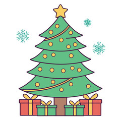 Green Christmas Tree with Gifts and Snowflakes holiday