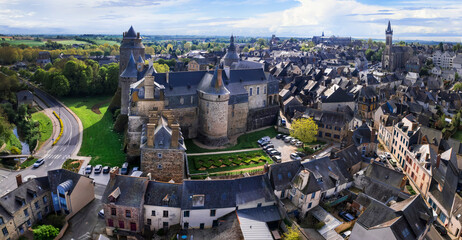 Chateaugiron Castle, Brittany, Ille-et-Vilaine department in France - picturesque medieval fortiefied village near Rennes. aerial panoramic view
