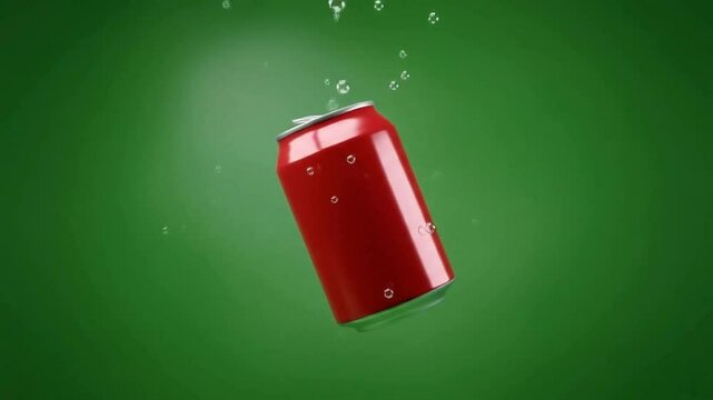 Sparkling Red Soda Can Floating with Bubbles on Green Background Video