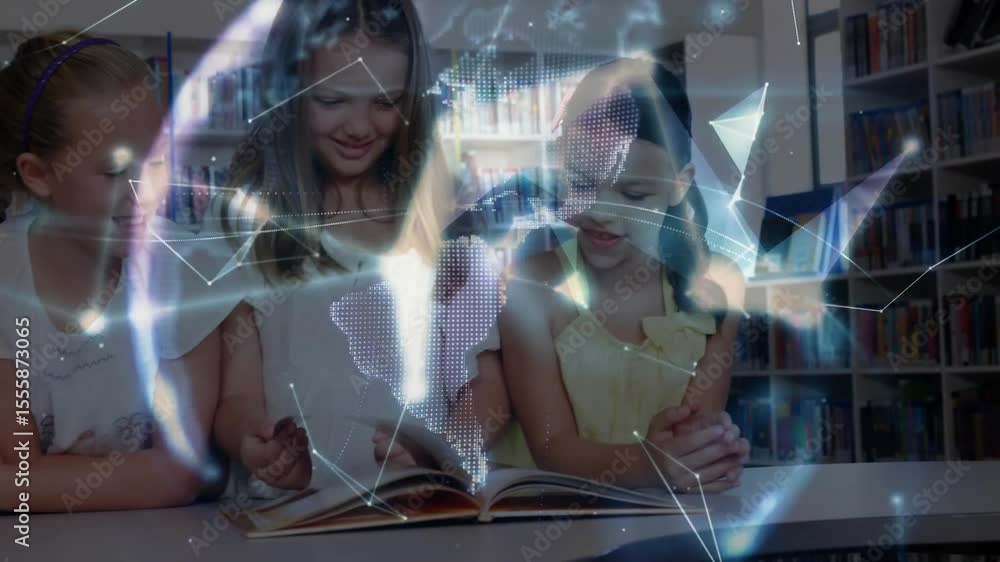 Aufkleber three girls in library flipping pages causing hologram globe rotating above book exploring content