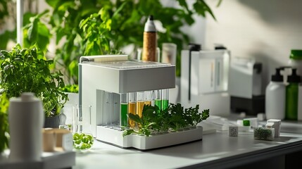 Chromatograph in an Earth Day lab analyzing eco friendly plant based substances with greenery recyclable materials and eco conscious decor reflecting the theme of environmental sustainability