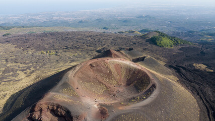 Aerial view over Etna national park, view of volcanic landscape in Sicily, Italy