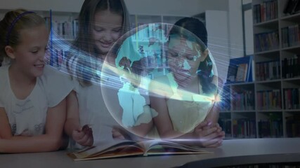 Girls turning pages in library, projecting rotating globe with spiraling lights learning geography - Powered by Adobe