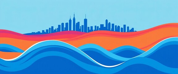 Stylized blue cityscape on abstract waves; minimal vector art,  wallpaper,  urban