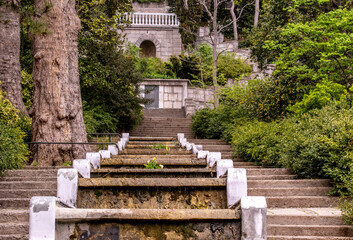 Long stone stairs leading up in the park.