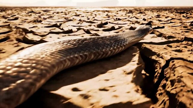 swamp adder - A close-up view of a snake slithering across cracked, parched earth under a warm sun, symbolizing drought and environmental challenges in a desolate landscape