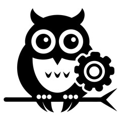 Obraz premium Owl sitting on branch with gear elements black and white icon on white background.