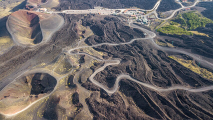 Aerial view over Etna national park, view of volcanic landscape in Sicily, Italy