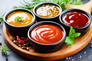 Set of different tasty sauces with spices and herbs on round wooden board
