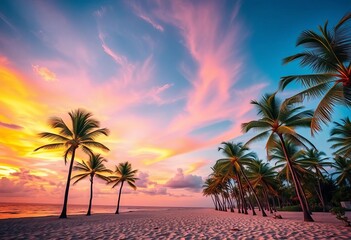 Obraz premium Vibrant sunset hues paint the sky above a tranquil beach lined with swaying palm trees, beach, vibrant