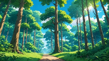 A serene forest scene with tall, lush trees under a clear blue sky, anime art