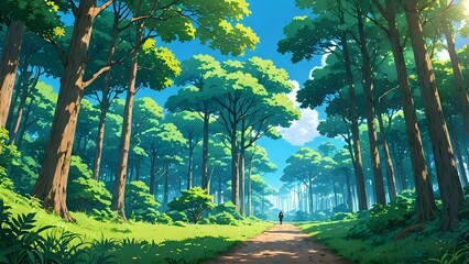 A serene forest scene with tall, lush trees under a clear blue sky, anime art