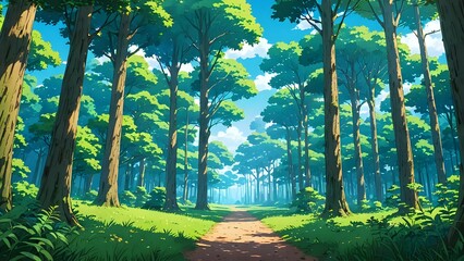 A serene forest scene with tall, lush trees under a clear blue sky, anime art