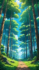 A serene forest scene with tall, lush trees under a clear blue sky, anime art