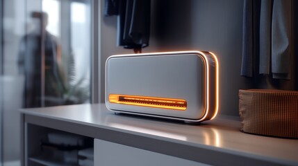 A futuristic network distribution box glowing faintly in a utility closet