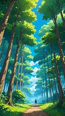A serene forest scene with tall, lush trees under a clear blue sky, anime art
