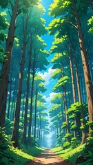 A serene forest scene with tall, lush trees under a clear blue sky, anime art