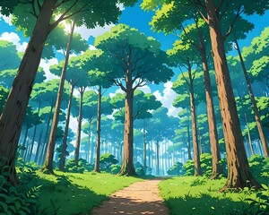 A serene forest scene with tall, lush trees under a clear blue sky, anime art
