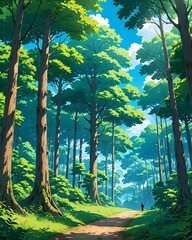 A serene forest scene with tall, lush trees under a clear blue sky, anime art