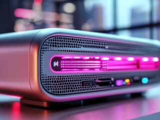 A futuristic smart router glowing faintly under a hightech sound system