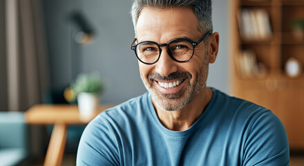 Mature man with glasses smiling warmly in a cozy living room, showcasing a relaxed atmosphere with wooden furniture and soft lighting, embodying happiness and contentment