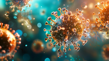 Fototapeta premium Colorful 3D illustration of a virus structure with intricate details, showcasing spikes and surface textures, set against a blurred background of vibrant colors and light effects