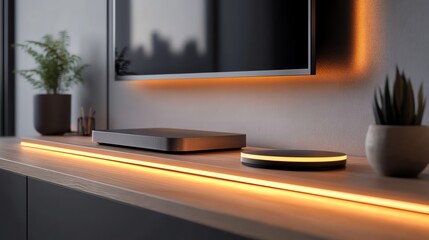A glowing home server hub surrounded by minimalist decor