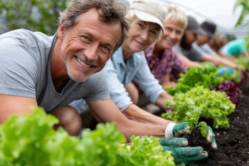 Community members enjoy planting lettuce in a vibrant garden during a sunny afternoon