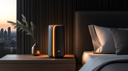 A glowing mesh WiFi node blending into a luxury smart bedroom