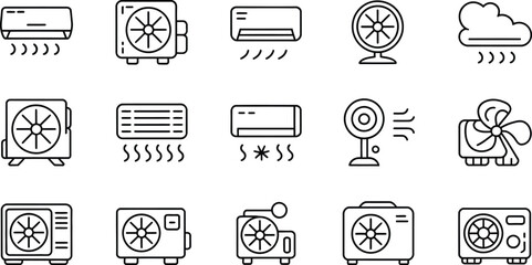 Various line art illustrations of air conditioners, fans and a cloud with rain drops