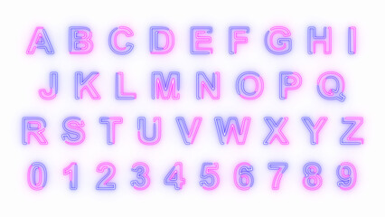 alphabet letters and numbers neon lights glowing pink and blue font on transparent background, png uppercase letters design element  © AIDIN