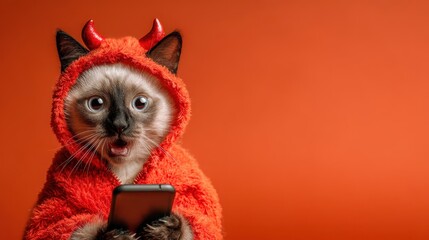 Funny kitten in devil costume holding smartphone