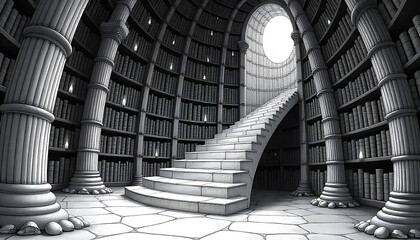 columns in the city hall, a grand staircase inside a library-like setting with high bookshelves and a large circular window at the top., HD and 4K image