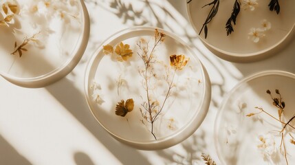 Circular resin coaster set floral pressed flowers delicate leaf patterns and a touch of gold leaf The coasters are displayed on a modern dining table with natural lighting highlighting the artwork