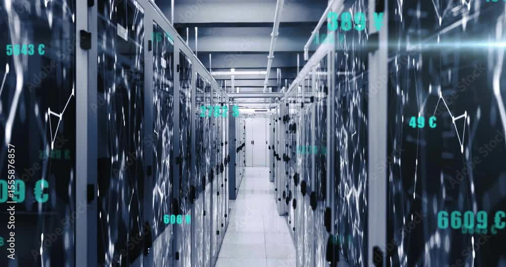 Poster on load network lines pulsing through server racks while metrics updating for data monitoring