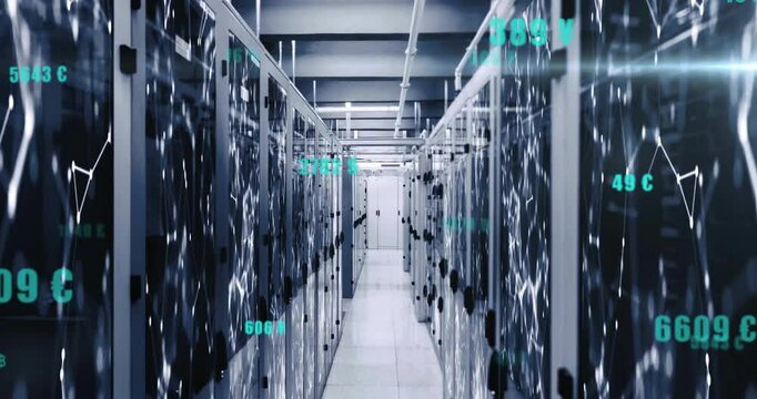 On load network lines pulsing through server racks while metrics updating for data monitoring