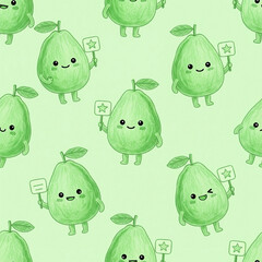 Charming Hand-Drawn Green Guava Characters Holding Star Signs Seamless Pattern on a Light Green Background