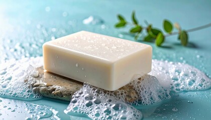Minimalistic scene of a handmade bar of soap on a wet stone surface. 